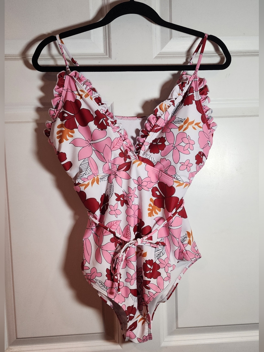 Shein Floral Pink One-Piece Swimsuit with Ruffle Trim 1XL